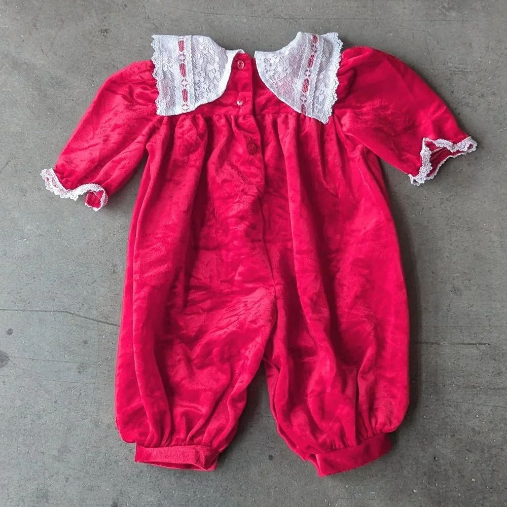 Vintage 80s Christmas One-Piece Romper Red Velour Lace Yoke Holiday size 6-9M
